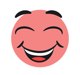 Funny happy emoticon. Charming and adorablepink character. Sticker for childrens notebooks and textbooks, reaction for messengers. Poster or banner for website. Cartoon flat vector illustration