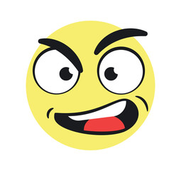 Funny laughing emoticon. Positive and optimistic, good mood. Sticker for social networks and reaction for messengers. Feelings, emotions and facial expressions. Cartoon flat vector illustration