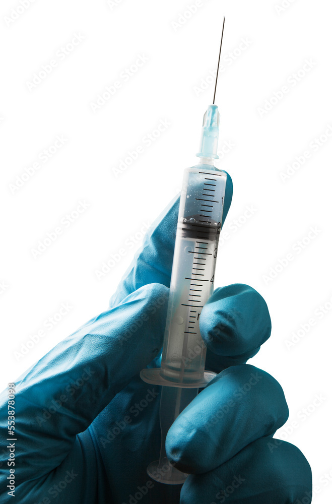 Sticker Medical hand with syringe and virus vaccine in hand.