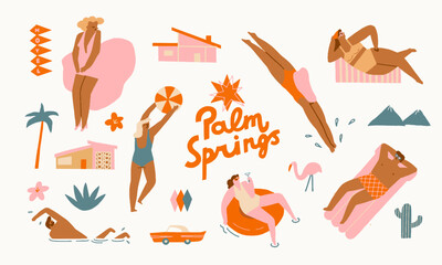 Palm Springs graphic set of characters of people, celebrities, mid century modern architecture objects. Vector illustration - 553878021