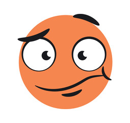 Funny surprised emoticon. Orange character raised one eyebrow up in shock, emotions. Poster or banner for website. Communication and interaction on Internet. Cartoon flat vector illustration