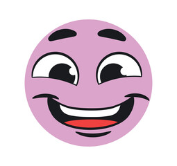 Funny smiling emoticon. Happy purple character, positivity and optimism. Graphic element for communication and interaction on Internet. Reaction for messengers. Cartoon flat vector illustration