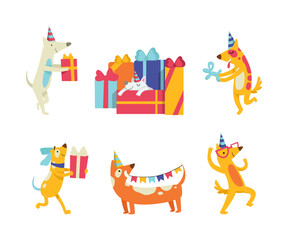 Cute Doggy Character in Birthday Hat Celebrating Holiday Vector Set