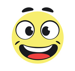 Fototapeta premium Funny smiling emoticon. Yellow character opens his mouth in surprise, pleasant surprise. Positivity and optimism. Sticker for social networks and messengers. Cartoon flat vector illustration