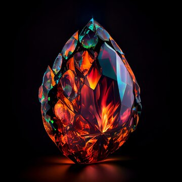 Shiny Crystal fire opal gem isolated on black background. Natural precious mineral stone artistic illustration. Decorative orange fire opal crystal realistic gemstone poster.