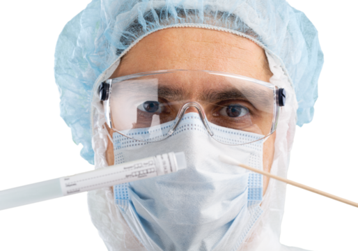 Medical healthcare technologist holding COVID-19 swab kit, wearing white protective suit and mask