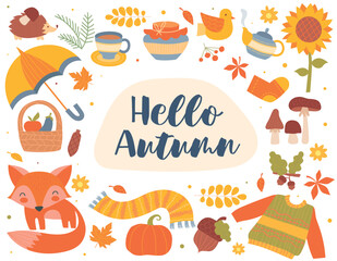 Hello autumn set. Collection of seasonal items, sweater and scarf, foliage, fall, fox and pumpkin. Poster or banner for website. Cartoon flat vector illustrations isolated on white background
