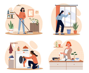 House cleaning set. Collection of posters and banners for website. Women ironing, washing window and floor. Cleanliness and hygiene. Cartoon flat vector illustrations isolated on white background