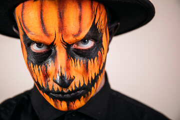 halloween pumpkin head. Halloween man face. Horror. Male. Hat. Dark