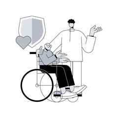 Care of the disabled abstract concept vector illustration. Disability care, downs syndrome, senior on wheelchair, help for old people, professional home nursing services abstract metaphor.