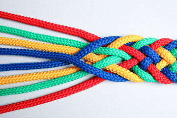 Braided colorful ropes isolated on white, top view. Unity concept