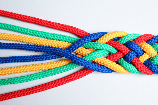 Braided colorful ropes isolated on white, top view. Unity concept
