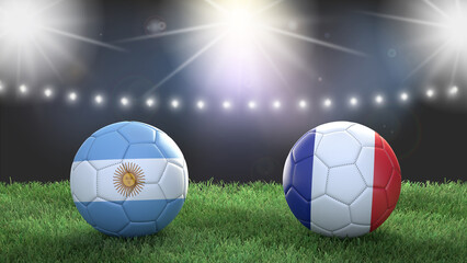 Two soccer balls in flags colors on stadium blurred background. Argentina vs France. 3d image