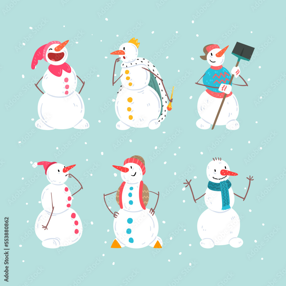 Wall mural funny snowman character with carrot nose engaged in different activity vector set