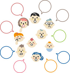 意見交換するいろいろな世代のひとびとと吹き出し　セット　イラスト素材	
