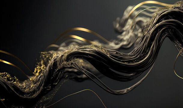 Abstract luxury swirling black gold background. Gold waves abstract background texture. Print, painting, design, fashion.	