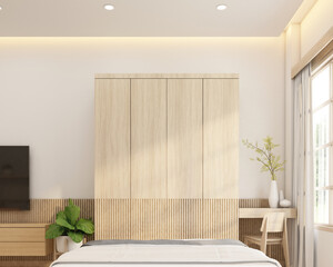 Minimalist style bed room decorated with wood wardrobe. 3d rendering