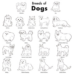 シンプルでかわいい人気の犬種　手描き線画ベクターイラストセット