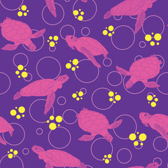 Pink Sea Turtles with Yellow and Pink Circles on Purple Background Surface Design Textiles Seamless Repeat Pattern Design  
