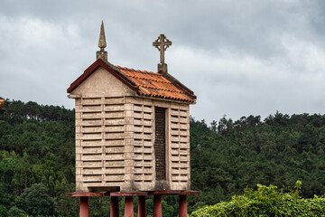 Beautiful village of Vigo in Spain, unique for its horreos, traditional granary barns