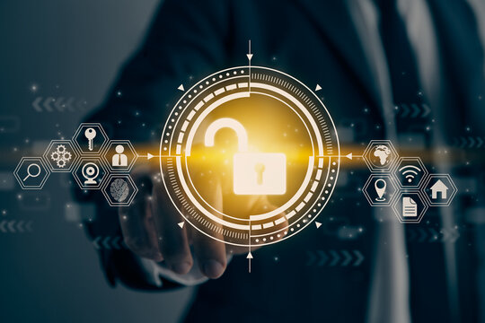 Businessman Hand and Finger Touching Screen and HUD Unock Security Sign in Vintage Tone