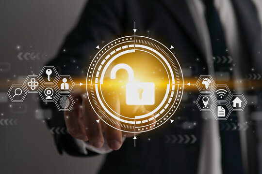 Businessman Hand and Finger Touching Screen and HUD Unock Security Sign