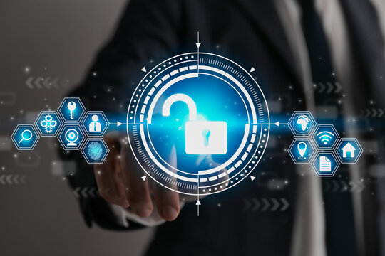Businessman Hand and Finger Touching Screen and HUD Blue Unock Security Sign