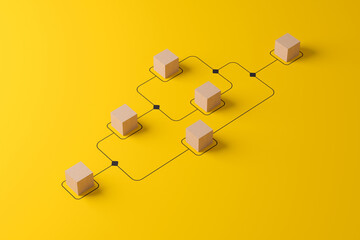 Business process and workflow automation with flowchart. Wooden cube block arranging processing management on yellow background. 3d render illustration - obrazy, fototapety, plakaty