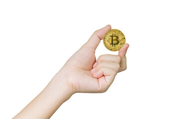 hand holding bit coin on white