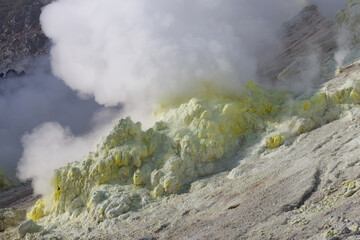 Volcanic landscape of yellow steaming vents