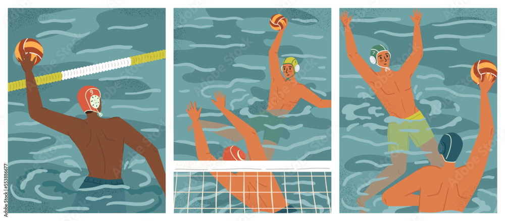 Wall mural water polo players in action vector posters set. swimming and water sports concept. water polo team 