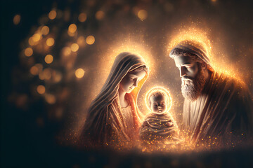 The Birth of Jesus Christ, Religious Scene of the Holy Family, with baby Jesus, Mary and Joseph, full of light.