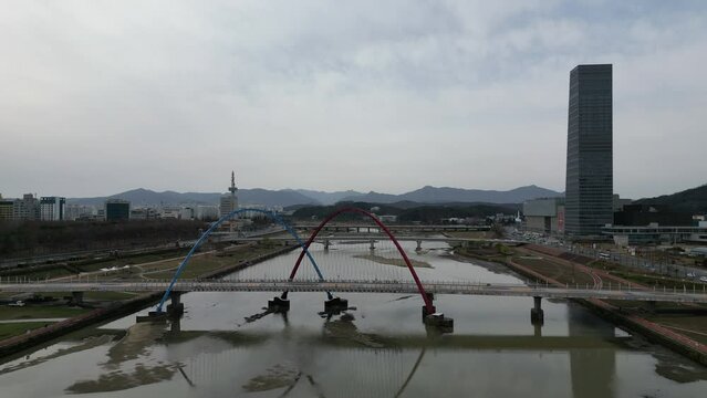 Daejeon rainbow bridge aerial view in winter, South Korea