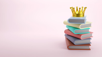Pile of color books with a golden crown on pastel background, 3D rendering