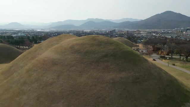 Daereungwon Tomb Complex pond view in winter at Gyeongju, South Korea