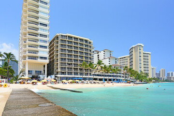 Oceanfront condos, resorts, and hotels along Waikiki Beach in Honolulu on Oahu, Hawaii
