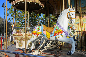 Fototapeta na wymiar Ferris wheel carousel horse ride