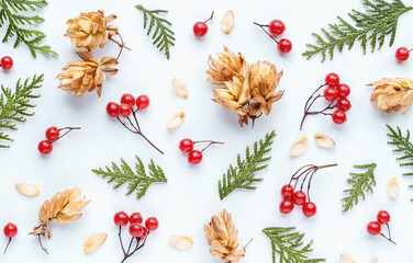 Floral pattern of viburnum red fruits, hops, green thuja leaves on white background, autumn flat lay