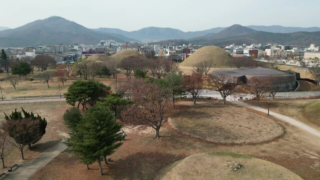 Daereungwon Tomb Complex pond view in winter at Gyeongju, South Korea