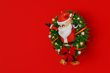 Santa clause in Christmas wreath with bows and ribbons baubles, celebrate Merry Christmas Xmas and Happy New Year festival, 3D rendering.