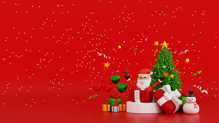 Santa clause snowman and Christmas tree gifts box, Happy New year and Merry Christmas greeting card, 3D rendering.