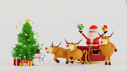 Santa clause snowman and Christmas tree gifts box, Happy New year and Merry Christmas greeting card, 3D rendering.