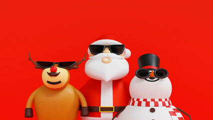 Santa clause snowman and Christmas tree gifts box, Happy New year and Merry Christmas greeting card, 3D rendering.