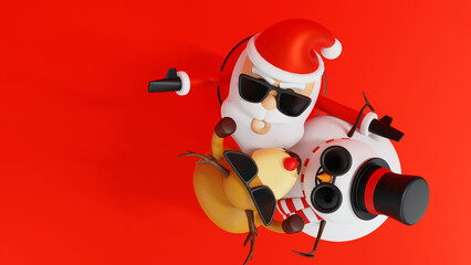 Santa clause snowman and Christmas tree gifts box, Happy New year and Merry Christmas greeting card, 3D rendering.