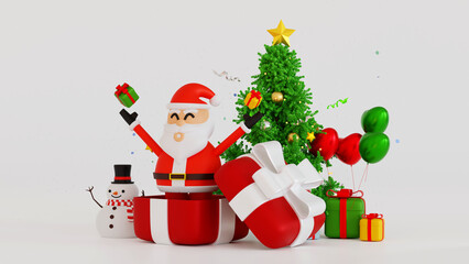 Santa clause snowman and Christmas tree gifts box, Happy New year and Merry Christmas greeting card, 3D rendering.