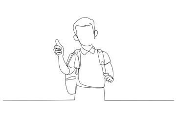 Cartoon of boy with thumb up is going to school wear bag and holding books. One line art style