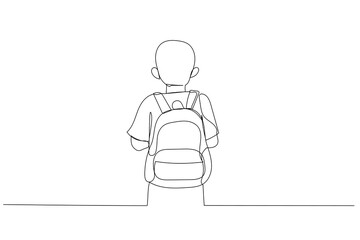 Illustration of back view schoolboy with full backpack go to school. Single line art style