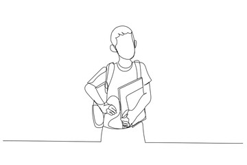 Drawing of school boy with backpack holding a notebook. Single continuous line art style