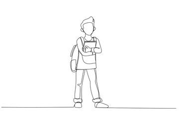 Cartoon of young boy standing and holding books. One line art style
