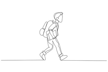 Illustration of schoolboy in a uniform running and holding a book. Single continuous line art style